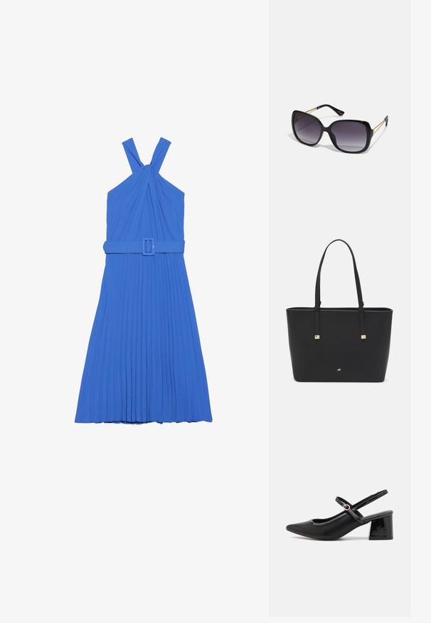 Kék, redőzött ruha, nyakpántos dizájnnal, csomózott pántokkal és illeszkedő övvel a deréknál. Sima szövettextúra.; Fekete lakk bőr, pántos magassarkú cipő, hegyes orral, lekerekített kivágással és tömbsarkal. Arany színű csat díszíti.; Fekete, oversize napszemüveg fokozatos árnyalatú lencsékkel, vastag kerettel és arany színű lánc díszítéssel a szárakon.; Fekete tote táska szintetikus anyagból, egyszerű téglalap formájú dizájnnal, arany négyzet díszítésekkel és dupla fogantyúkkal.