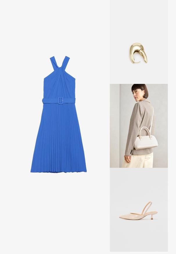 Zila plīša kleita ar haltera kakla dizainu, ar mezglotiem siksnām un atbilstošu jostu jostasvietā. Gluda auduma tekstūra.; Bežīgas lakotas ādas slingback papēži ar smailu purngalu un šauru, kvadrātveida papēdi. Gluda tekstūra un minimālistisks dizains bez dekorēšanas elementiem.; Balta strukturēta roku soma ar īsām rokturiem un plecu siksnu, ar zelta aparatūras akcentiem un strukturētu materiālu, izstādīta uz pelēka fona.; Zeltīti metāla auskari ar gludu, izliekta dizaina. Ar atšķirīgu smailu formu, pulētu virsmu un eņģu aizdari.