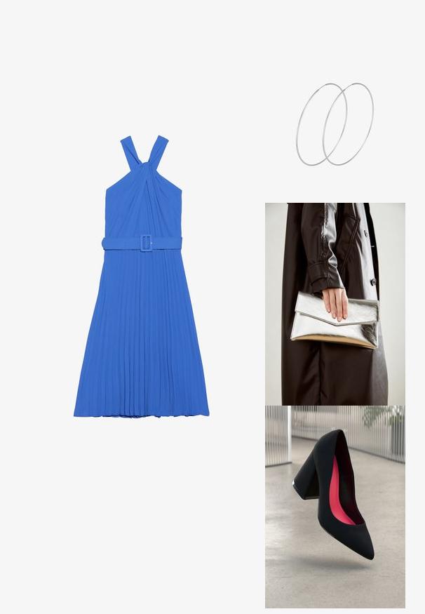 Blue pleated dress with a halter neck design, featuring knotted straps and a matching belt at the waist. Smooth fabric texture.; Black high heel shoe with a pointed toe, textured surface, and a vibrant pink interior. Features a chunky heel with silver accent.; Silver metallic clutch with an angular envelope design, smooth texture, and contrasting interior color, held in a hand wearing a black coat.; Silver hoop earrings with a minimalist design. Circular shape, smooth texture, and thin profile. Lightweight with a polished finish.