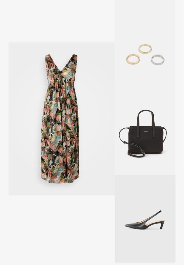 DRYKORN MAURIA - Freizeitkleid - black/multi-coloured; Schwarzer spitz zulaufender Slingback-Schuh mit niedrigem Absatz, der aus glattem Leder gefertigt ist und seitliche Ausschnitte für Atmungsaktivität aufweist.; Schwarze Handtasche mit zwei kurzen, doppelt geflochtenen Griffen und einem abnehmbaren Schulterriemen. Glattes, lederähnliches Material mit einem Reißverschluss und Logodetail.; Drei Metallringe: einer in Roségold, einer aus Gold mit strukturierten Akzenten und einer aus Silber, alle mit graviertem Branding auf dem inneren Band.