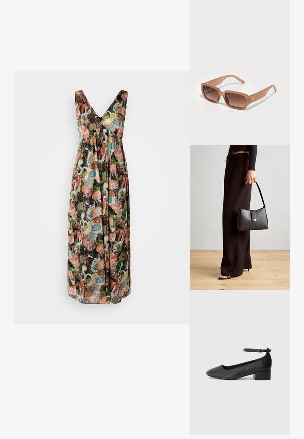 DRYKORN MAURIA - Rochie de zi - black/multi-coloured; Pantof cu toc negru din piele, cu vârf ascuțit și toc mic pătrat. Dispune de o curea la gleznă cu o cataramă în tonuri de aur. Textură netedă.; Ochelari de soare dreptunghiulari maro cu lentile graduarate, rame groase și un detaliu cu logo pe lateral. Material plastic neted, design minimalist.; Genți negre cu o formă structurată, textură netedă și un închizător metalic. Asortată cu pantaloni negri largi și sandale cu vârf deschis pe un podea din lemn.