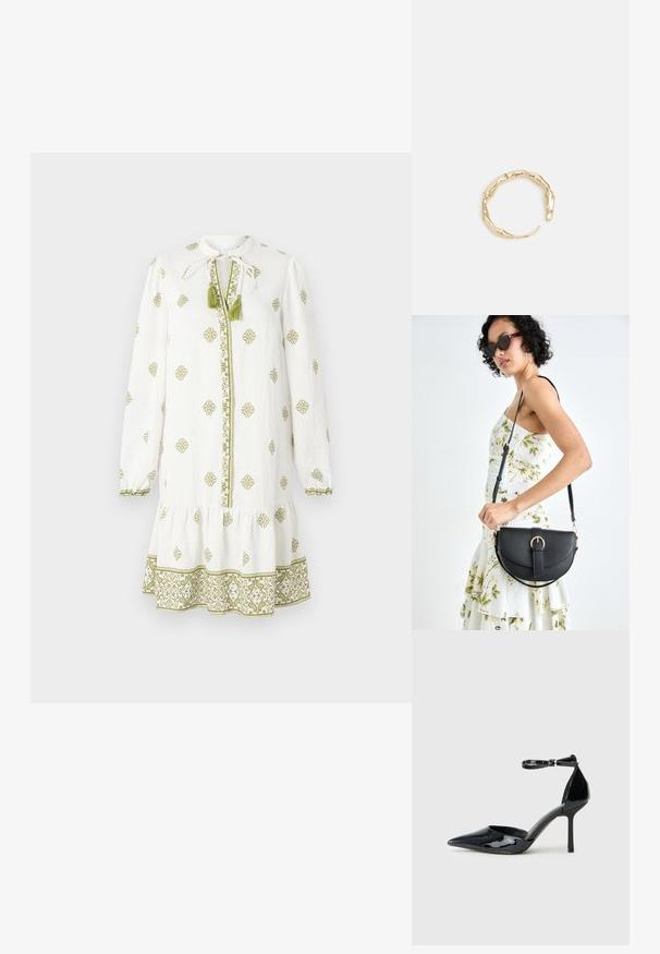 Biela dlhá sukňa s dlhým rukávom a zeleným vyšívaním, s náplety na manžetách, viazaním na krku a volánovým lemom, s kvetinovými a geometrickými vzormi.; Čierne lakované kožené topánky na vysokom podpätku s špicatou špičkou, členkovým remienkom a úzkym stiletto podpätkom; hladký, lesklý povrch a minimalistický dizajn.; Čierna kožená kabelka s zaobleným tvarom, odnímateľným popruhom a zlatými doplnkami. Kabelka má klopu s detailom s prackou.; Prsteň v zlatej farbe s organickým, skrúteným dizajnom, hladkým povrchom a zužujúcimi sa koncami, vytvárajúci moderný, sochársky vzhľad.