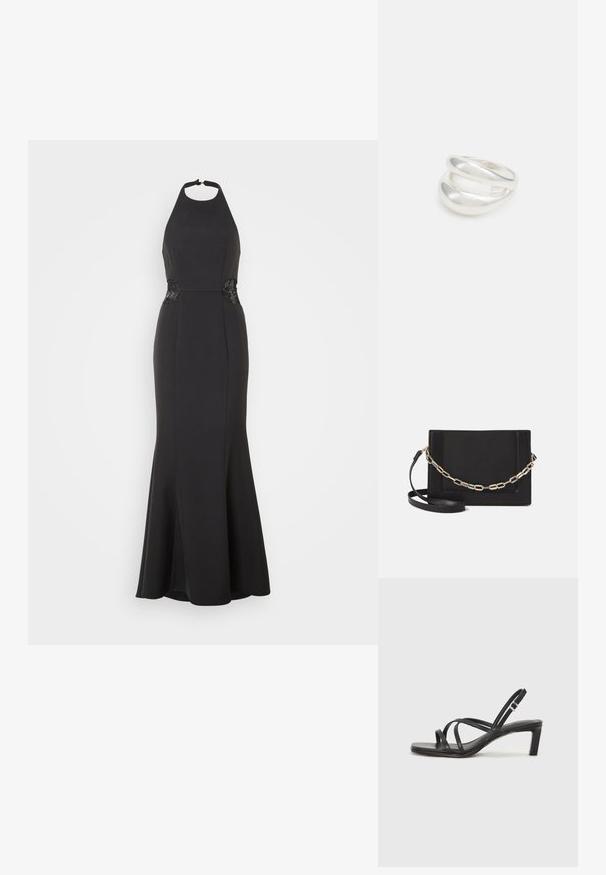 Juoda suknelė be petnešų vakare su prigludusia liemine dalimi, išsiplėtusia sijonu ir nėrinių akcentais juosmens srityje. Lygus paviršius ir elegantiška siluetas.; Juodi šlepetės su kvadratiniu pirštu ir žemu bloku kulnu. Yra keli ploni dirželiai ir reguliuojamas kulkšnies diržas. Pagaminti iš lygios odos.; Juodas odinis per petį nešiojamas krepšys turi lygų paviršių, stačiakampio formą ir metalinę grandinėlę priekyje. Pridedama reguliuojama dirželis.; Sidabrinis dvigubas žiedas su lygiu, poliruotu paviršiumi. Pasižymi sklandžiu, kreiptu dizainu su persipinančiomis dalimis, suteikiančiomis modernų išvaizdą.