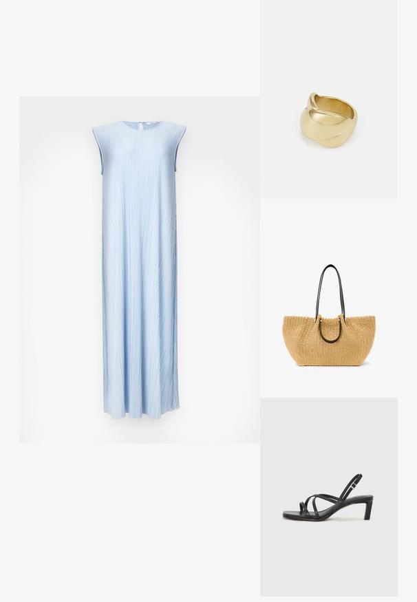 Heled sinine plisseeritud varrukateta kleit ümmarguse kaeluse ja võtmeaugu tagase closinguga. Voogav A-line kuju, sile tekstuur ja kerge sära.; Mustast rihmajalatsid ruudukujulise varba ja madala ploki kontsaga. Omab mitmeid õhukesi rihmasid ja reguleeritavat pahkluu rihma. Valmistatud siledast nahast.; Beige värviline kootud õlbag, millel on mustad nahk-käepidemed ja hõbedane riistvara. Ruumikas, kõver kuju ja tekstuuriline pind.; Kuldne sõrmus, millel on sujuv, keerdunud disain. Omab poleeritud pinda ja ümarat serva, luues sujuva ja voolava kuju.