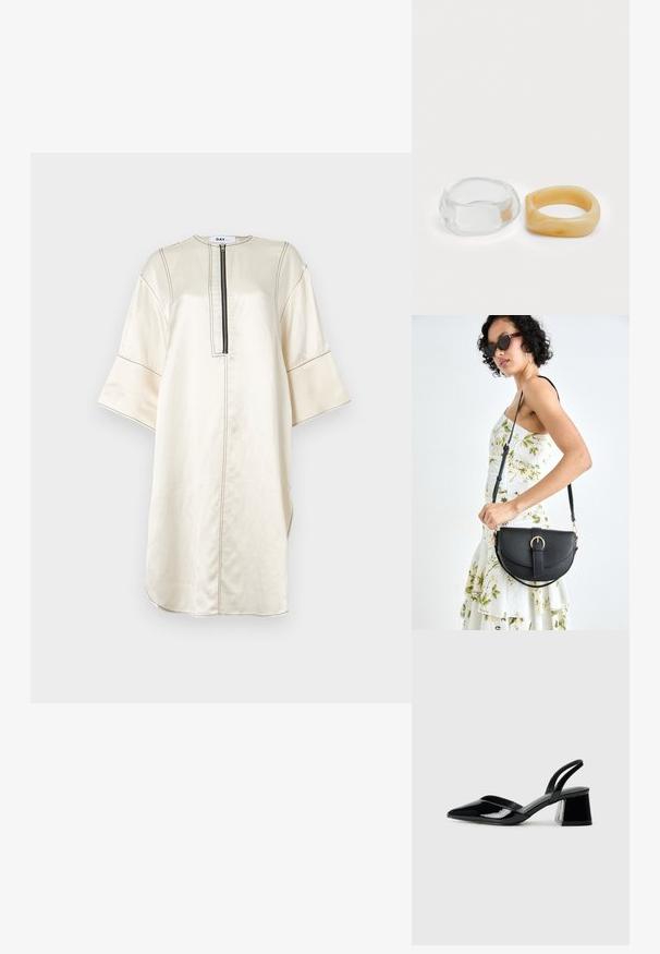 Beige tunic dress made of smooth fabric. Features a half-length zipper, wide sleeves, side slits, and contrasting stitching details.; Black patent leather slingback heels with a pointed toe and a geometric block heel. Features a sleek, minimal design and smooth texture.; Black leather handbag with a curved shape, detachable strap, and gold hardware. The bag features a flap with a buckle detail.; Clear and amber resin rings, one smooth and transparent, the other with a textured, amber finish. Both feature rounded, chunky designs.