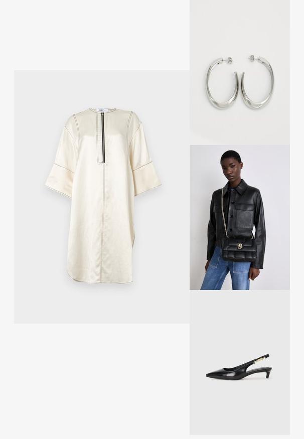 Beige tunic dress made of smooth fabric. Features a half-length zipper, wide sleeves, side slits, and contrasting stitching details.; Black leather slingback heels with a pointed toe, featuring a slim heel and a gold-tone accent on the adjustable strap. Smooth texture.; Black leather jacket with button closure and two front pockets, paired with a black quilted handbag featuring a gold clasp and chain strap.; Silver hoop earrings with a smooth, curved design. Features a shiny metallic finish and stud closure. No visible patterns or accents.
