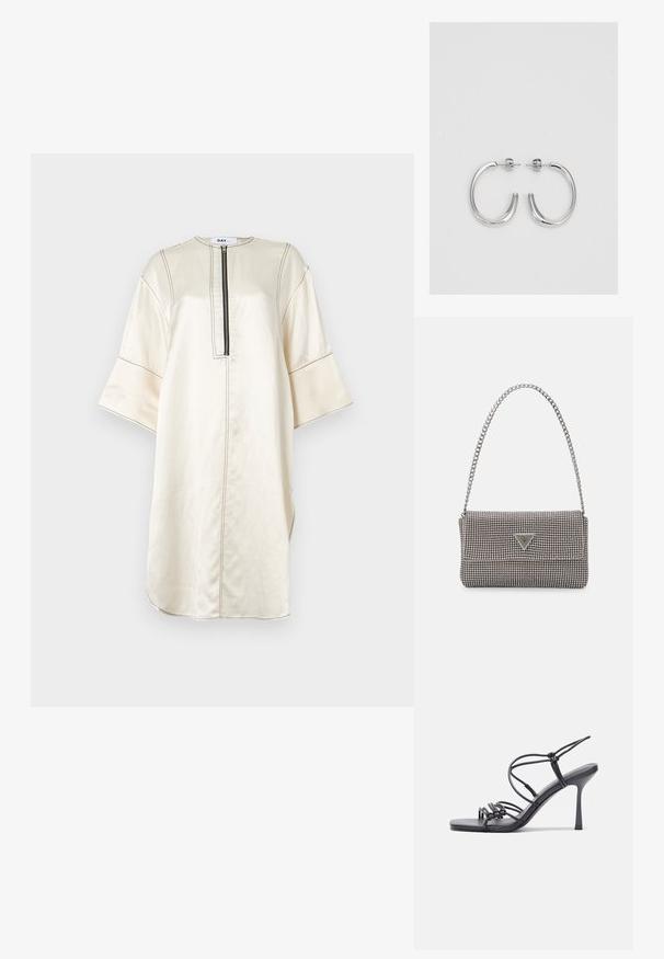 Beidzis tunikas kleita, kas izgatavota no gludas auduma. Iespējas: pusgarš rāvējslēdzis, plata piedurkne, sānu šķelumi un kontrastējošas šuvju detaļas.; Melnas augstpapēžu sandales ar plāniem siksniņām un mezgla dizainu, gluda kvadrātveida purngalu un elegantu stiletto papēdi.; Gaiši pelēka metāla rokassoma ar ķēdes siksnu, rotāta ar mazām apaļām metāla kniedēm un trīsstūra zīmola logo.; Sudraba riņķveida auskari ar gludu, spīdīgu apdari. Apaļas formas, viegla dizaina, ar aizdari uz stieples.