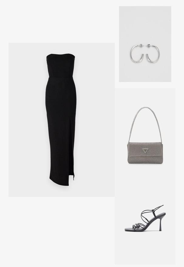 Vestido de evening preto sem alças, com corpete justo, fenda lateral e design até ao chão. Feito de um tecido suave e ligeiramente texturizado.; As sandálias de salto alto pretas apresentam tiras finas com um design em nó, uma biqueira quadrada lisa e um elegante salto agulha.; Bolsa metálica cinza claro com uma alça de corrente, adornada com pequenos rebites metálicos circulares e um logótipo triangular da marca.; Brincos de argola prateados com um acabamento suave e brilhante. Forma arredondada, design leve, com fecho de pino.