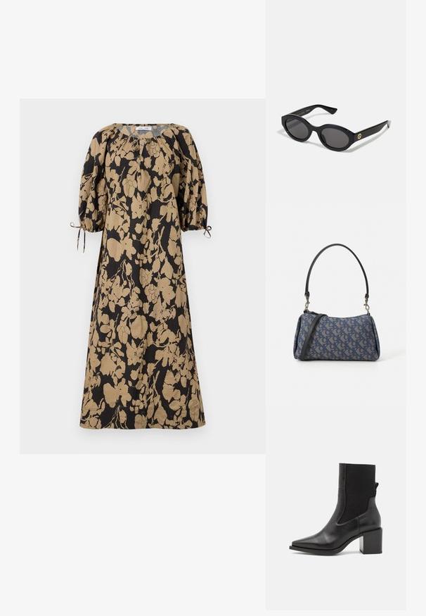 Blomstermønstrets kjole i sort og beige, med en løs pasform, puffærmer og justerbare snore ved håndleddene. Fremstillet af letvægtsmateriale.; Sort ankelstøvle med spids tå, lavet af glat læder og elastisk stof. Har en blokhæl og minimalistisk design.; Sorte ovale solbriller med mørke linser og blank plastramme. Har et guldlogo på stykket, hvilket giver et slankt og moderne design.; Blå mønstret håndtaske lavet af stof, med en buet form, sort læderrem og logodesign i en lysere skygge.