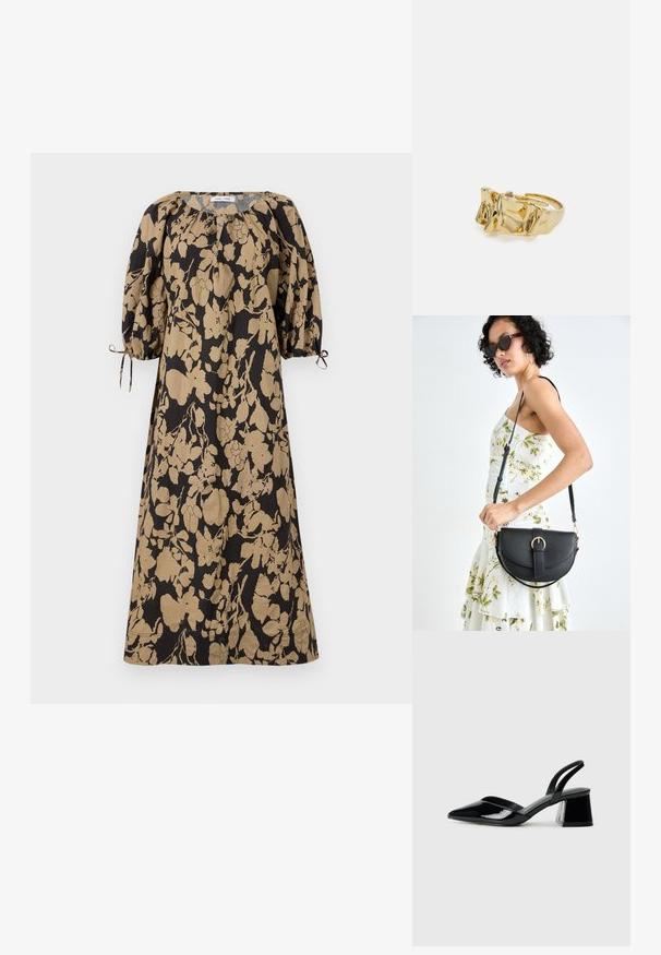 Šaty s kvetinovým vzorom v čiernej a béžovej farbe, vo voľnom strihu, s nadýchanými rukávmi a nastaviteľnými šnúrkami na manžetách. Vyrobené z ľahkej látky.; Čierne lakované kožené sandálové podpätky s špicatou špičkou a geometrickým blokovým podpätkom. Disponujú elegantným, minimalistickým dizajnom a hladkým povrchom.; Čierna kožená kabelka s zaobleným tvarom, odnímateľným popruhom a zlatými doplnkami. Kabelka má klopu s detailom s prackou.; Zlatý prsteň s textúrovaným, vlnitým dizajnom, ktorý má tri výrazné vrcholy. Hladký, lesklý povrch a otvorený pásik pre nastaviteľné prispôsobenie.