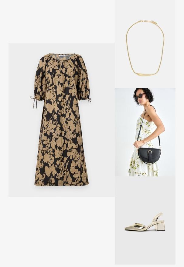 Šaty s květinovým vzorem v černé a béžové barvě, s volným střihem, nabíranými rukávy a nastavitelnými šňůrkami na zápěstích. Vyrobeno z lehkého materiálu.; Kovové zlaté pantofle na podpatku s špičatou špičkou a masivním podpatkem. Hladký povrch, minimalisticý design a úzký pásek.; Černá kožená kabelka s křivkovým tvarem, odnímatelným popruhem a zlatými detaily. Kabelka má klopu s přezkou.; Zlatem pokovený náhrdelník s hladkým, zakřiveným centrálním akcentem. Disponuje flexibilním řetízkem s karabinovým zapínáním a dodatečnými nastavitelnými články řetězu.