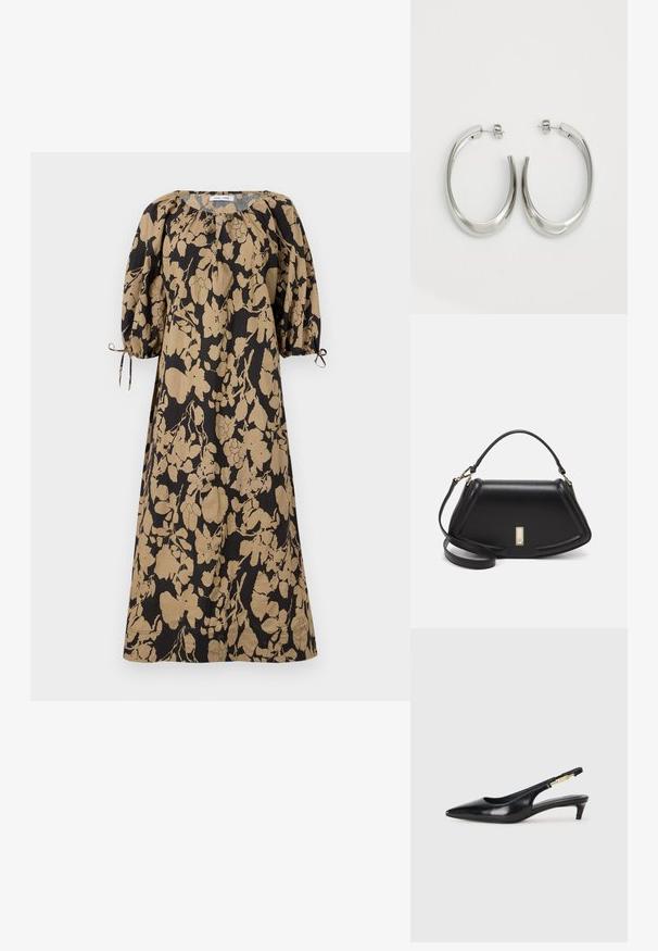 Vestido con estampado floral en negro y beige, con un corte holgado, mangas abullonadas y lazos ajustables en los puños. Fabricado en un tejido ligero.; Tacones negros de piel sintética tipo slingback con punta afilada, que cuentan con un tacón delgado y un detalle en tono dorado en la correa ajustable. Textura suave.; Bolso de mano de cuero negro con un diseño estructurado, que presenta una forma recortada, asa superior y acentos en dorado. Correa de hombro ajustable incluida.; Pendientes de aro de plata con un diseño curvado y suave. Presentan un acabado metálico brillante y cierre de presión. Sin patrones ni acentos visibles.