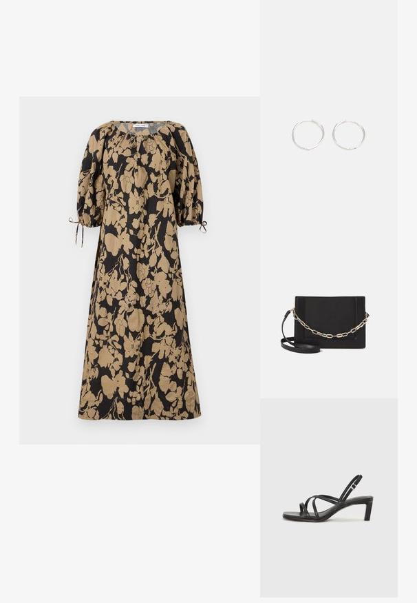 Ziedu raksta kleita melnā un bēšā krāsā, ar brīvu piegriezumu, pufo piedurknēm un regulējamiem saitēm pie piedurknēm. Izgatavota no viegla auduma.; Melnas strappy sandales ar kvadrātveida purngaliem un zemu bloku papēdi. Ievērojamas ar vairākiem plāniem siksniņām un regulējamu potītes siksniņu. Izgatavotas no gludas ādas.; Melna ādas crossbody soma ar gludu faktūru, taisnstūrveida formu un metalizētu ķēdes detaļu priekšā. Iekļauta regulējama siksna.; Sudraba riņķa auskari ar elegantu, apaļu dizainu, kas izceļas ar gludu virsmu un bez redzamām rotājumām. Diametrs netiek norādīts.