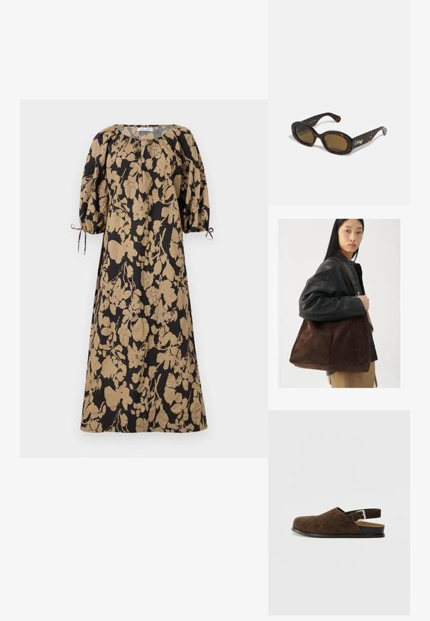Mustru rohelise ja beeži lilledega kleit, millel on lahti istuv lõige, puhvärvidega varrukad ning reguleeritavad lipsud varrukate manžettides. Valmistatud kergest kangast.; Pruunid nahast libisemisega kingad madala kontsaga, reguleeritav rihm hõbedase klambriga ja must kummitald.; Kilpkonnakuued päikeseprillid ovaalsete raamidega, pruunide toonitud läätsedega ning "Chloé" brändinguga varrel. Sile plastikmaterjal läikiva viimistlusega.; Pruun suede totes kott laia kujuga ja pehme tekstuuriga, millel on üks rihm ja minimaalne riistvara neutraalses taustas.