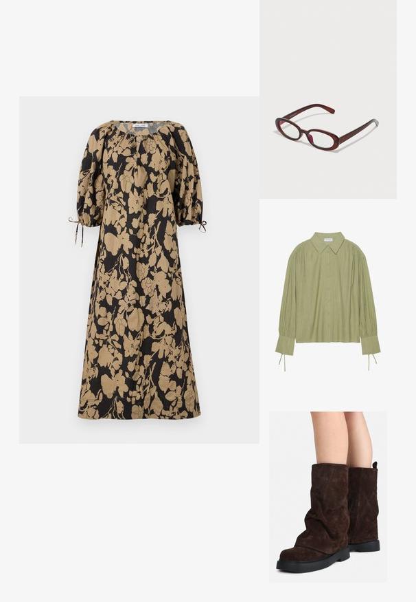 Een jurk met bloemenpatroon in zwart en beige, met een losse pasvorm, pofmouwen en verstelbare sluitingen bij de mouwen. Gemaakt van lichtgewicht stof.; Lichtgroene langemouwen shirt met een knoopsluiting aan de voorkant, kraag, textuurstof en strikdetails bij de manchetten. Recht gesneden onderrand.; Bruine suède laarzen tot halverwege het been met zwarte rubberen zolen, gedragen op blote benen, met een lichte rimpeling op de schacht van de laarzen.; Ovaalvormige rode zonnenbril met heldere lenzen en slanke bruine montuur. Het ontwerp heeft subtiele rondingen en minimale hardware.