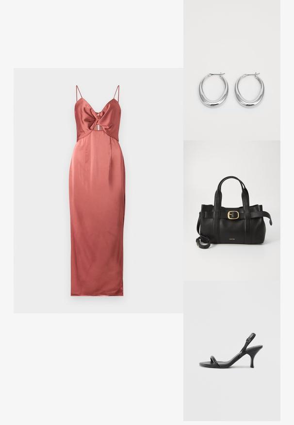 Malina PATRIZIA CUT OUT SLIP MAXI - Occasion wear - terracotta; Black leather high-heeled sandals with a slim, curved heel and a crossed strap design. Adjustable ankle strap. Smooth texture.; Black leather handbag featuring a structured design, dual top handles, gold-tone buckle accent, and embossed brand logo at the front.; Pair of polished silver crescent hoop earrings with hinged clasps on a white background.