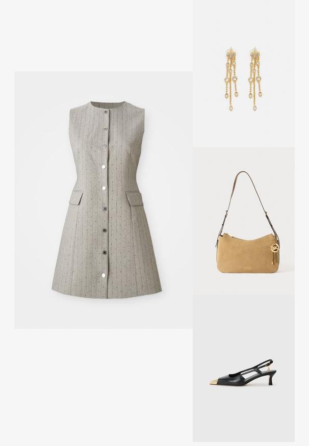 Sivá oblečená šaty bez rukávov s vertikálnymi pruhmi, okrúhlym výstrihom, predným zapínaním na gombíky, dvoma bočnými vreckami a priliehavým strihom.; Črne usnjene sandače s koničastim nosom in zlatim kovinskim špirom. Imajo izrezljan dizajn in vitko peto z nastavljivim trakom.; Tan gamasti torbica z naramnicami, ukrivljene oblike, z zlatimi detajli in zadrgo. Ima dodan čar s inicialkami "MK."; Zlato-tonirane uhane z več kaskadnimi verigami, ki vključujejo prozorne ovalne kamenčke in okrasne zgornje dele.