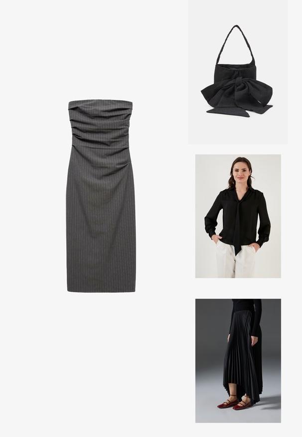 Trägerloses, figurbetontes Kleid aus dunkelgrauem, gestreiftem Stoff. Verfügt über geraffte Details am Oberteil und eine gerade Silhouette.; Schwarze Seidenbluse mit langen Ärmeln, einem V-Ausschnitt und einer Schleifenverzierung am Kragen. Mit gerafften Manschetten und einer glatten Textur.; Schwarzer, plissierter Rock mit einem High-Low-Saum, kombiniert mit glänzenden roten Ballerinas mit einem Riemen-Design. Der Stoff hat eine glatte Textur.; Schwarze Stoffhandtasche mit einer gebundenen Schleifenakzent, runder Form, strukturiertem Oberflächen mit kleinen Mustern und einem einzelnen, dünnen Tragegriff.