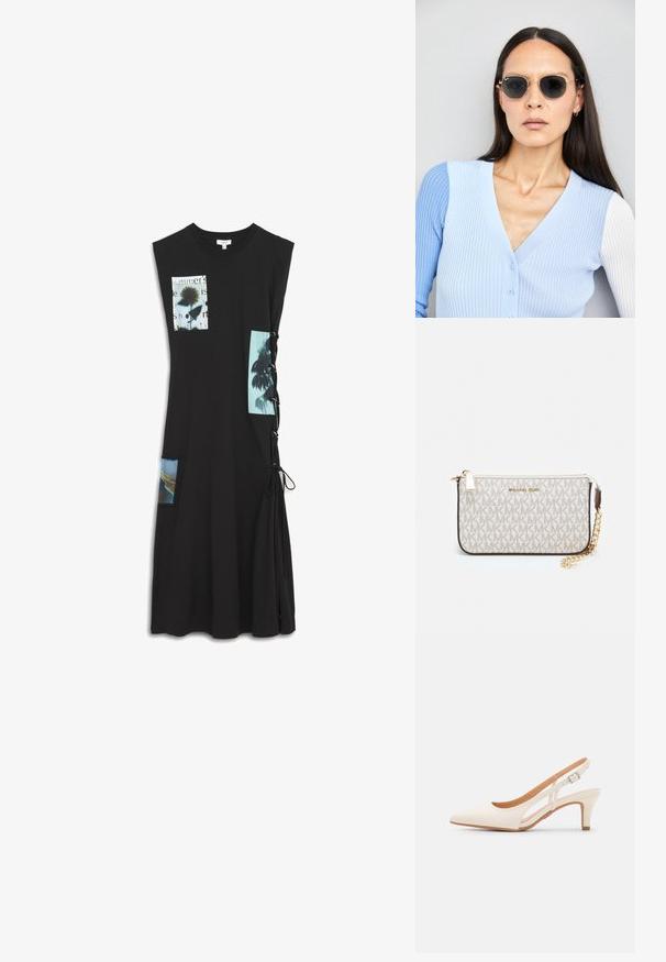 Schwarzes ärmelloses Kleid mit grafischen Drucken auf der Brust und Seitentaschen sowie Schnürdetails auf der rechten Seite. Hergestellt aus Baumwollmischung.; Weiße Slingback-Absätze mit spitzer Zehenpartie, glattem Obermaterial, niedrigem Blockabsatz und seitlichem Ausschnitt-Design mit verstellbarem Schnallenriemen.; Runde Sonnenbrillen mit dunklen Gläsern und goldenen Rahmen. Das Modell trägt eine hellblaue, gerippte Strickjacke mit Knöpfen und weißen Kontrastärmeln.; Michael Kors Clutch in beige beschichtetem Canvas mit einem wiederholten MK-Logo-Muster, goldfarbener hardware und einem abnehmbaren Kettenriemen.