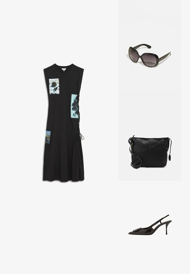 Robe noire sans manches avec des imprimés graphiques sur la poitrine et des poches latérales, présentant un détail lacé sur le côté droit. Fabriquée en mélange de coton.; Escarpin en cuir verni noir avec un bout pointu, un design minimaliste, un petit accent circulaire sur l'empeigne et un talon fin.; Lunettes de soleil noires avec des montures surdimensionnées et arrondies. Les verres dégradent du foncé au clair. Elles présentent une finition lisse et brillante, avec des accents de logo subtils sur les branches.; Sac bandoulière en cuir noir avec une forme plate, accents en métal doré et une sangle ajustable. Texture lisse avec des détails de couture minimaux.