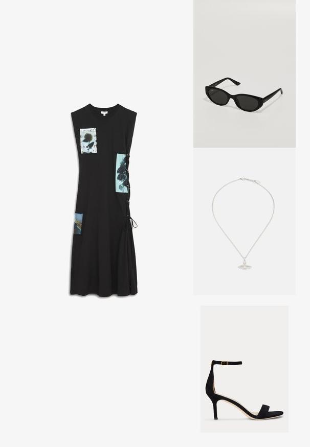 Schwarzes ärmelloses Kleid mit grafischen Drucken auf der Brust und Seitentaschen sowie Schnürdetails auf der rechten Seite. Hergestellt aus Baumwollmischung.; Lauren Ralph Lauren ALLIE MID HEEL SUEDE SANDAL - Riemensandalette - black; Schwarze Sonnenbrille in schmaler Katzenaugenform. Aus glattem Kunststoff gefertigt, mit dunklen Gläsern und dezenten Logo-Akzenten an den Bügeln.; Silberne Halskette mit einer zarten Kette und einem ovalen Anhänger, der aufwendige Details und einen kleinen Edelsteinakzent aufweist.