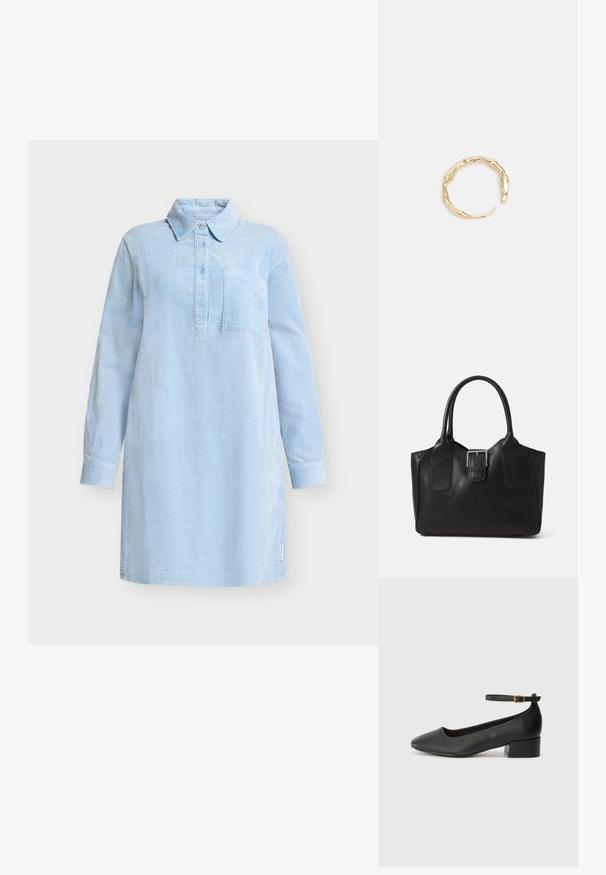 Light blue dress made of textured fabric with a collared neckline, long sleeves, a chest pocket, and a button placket.; Black leather pump with a pointed toe and a low block heel. Features an ankle strap with a gold-tone buckle. Smooth texture.; Black leather tote bag with smooth texture, structured shape, two handles, and a prominent silver buckle detail on the front.; Gold-tone ring featuring an organic, twisted design with smooth texture and tapered ends, creating a modern, sculptural appearance.
