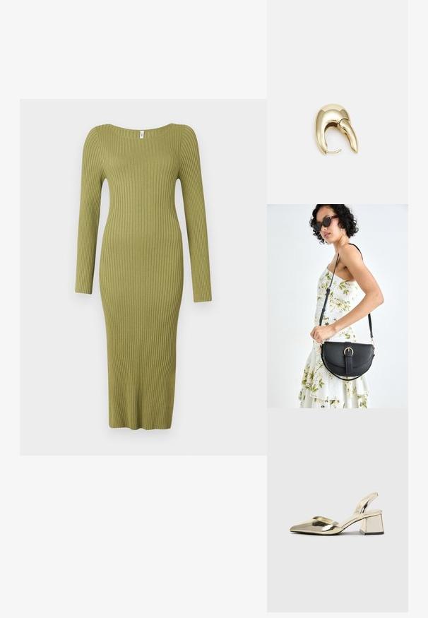 Žebrované pletené šaty v olivově zelené barvě, s kulatým výstřihem a dlouhými rukávy. Přiléhavý střih sahá do poloviny lýtek.; Kovové zlaté pantofle na podpatku s špičatou špičkou a masivním podpatkem. Hladký povrch, minimalisticý design a úzký pásek.; Černá kožená kabelka s křivkovým tvarem, odnímatelným popruhem a zlatými detaily. Kabelka má klopu s přezkou.; Náušnice ve zlatém tónu z kovu s elegantním zakřiveným designem. Vyznačují se jedinečným špičatým tvarem, lesklým povrchem a závěsem na kloub.