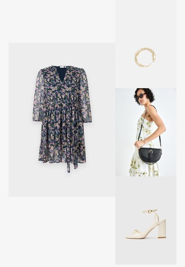 Gėlių rašto suknelė, pagaminta iš permatomo audinio, su tamsiai mėlynu pagrindu, V formos iškirpte, ilgomis rankovėmis ir raukšlėta sijonu su užrišimo detale.; Kreminės spalvos aukštakulniai sandalai su atvira nosimi, storu blokuotu kulnu, plona kulkšnies juosta ir subtiliu blizgesiu. Žakardo akcentas ant juostos.; Juodas odinis krepšys su išlenkta forma, nuimamu dirželiu ir auksiniais detalėmis. Krepšys turi kilpą su sagtimi.; Auksinės spalvos žiedas, turintis organišką, sukimosi dizainą su lygiu paviršiumi ir siaurėjančiais galais, sukuriantis modernią skulptūrinę išvaizdą.