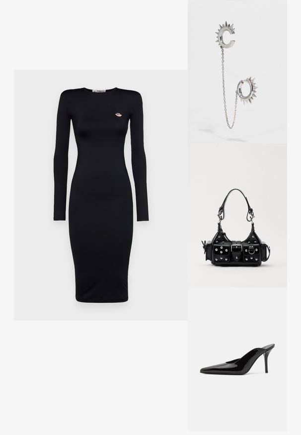 Czarna midi sukienka z długim rękawem o dopasowanym kroju, wykonana z gładkiego materiału, z małym haftowanym logo na piersi.; Czarne lakierowane mule na wysokim obcasie z wąskim noskiem i elegancką sylwetką, charakteryzujące się otwartym tyłem i smukłym szpilką.; Czarna skórzana torebka w zakrzywionym kształcie, z srebrnymi ćwiekami, klamrą i dwoma bocznymi kieszeniami. Regulowany pasek umożliwiający różne opcje noszenia.; Srebrne kolczyki o spiczastym wzorze; jeden kolczyk ma kształt litery C, połączony łańcuszkiem z okrągłym kółkiem z kolcami.