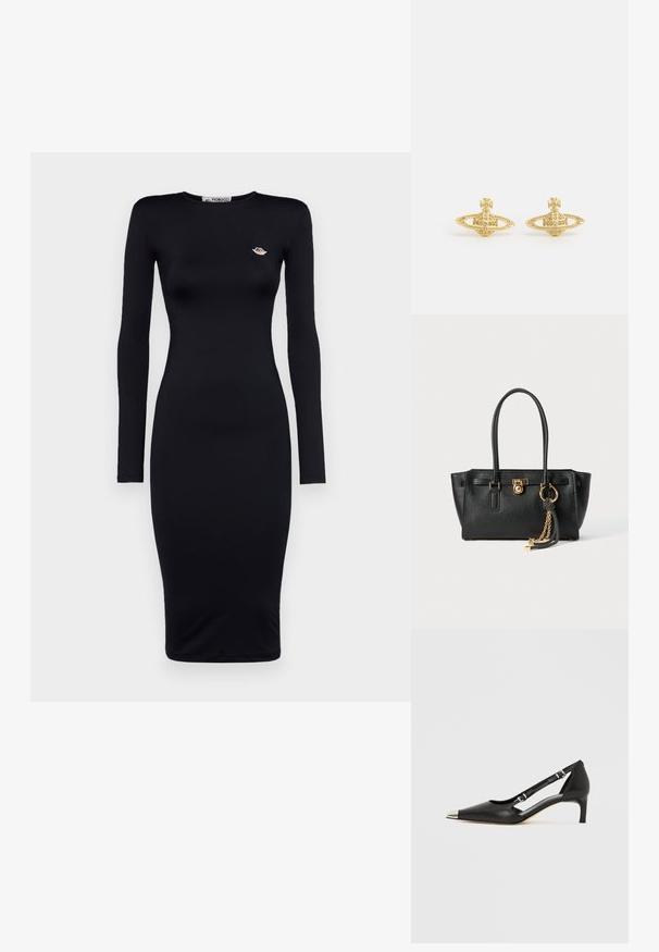 Černé midi šaty s dlouhým rukávem a přiléhavým střihem, vyrobené z hladkého materiálu, s malým vyšitým logem na hrudi.; Černá kožená botička s nízkým podpatkem, špičatou stříbrnou špičkou a dvěma pásky s přezkami na bílém pozadí.; Černá kožená kabelka s dvojitými uchy, zlatým zámkem a řetízkem, a černo-bílým třásňovým doplňkem na bílém pozadí.; Vivienne Westwood MINI BAS RELIEF EARRINGS - Náušnice - gold-coloured