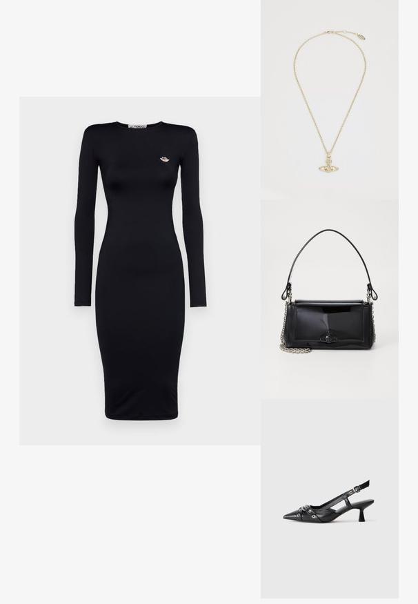 Juodas ilgos rankovės midi suknelė, turinti prigludusią siluetą, pagaminta iš lygaus audinio, su maža siuvinėta logo ant krūtinės.; Juodas odinis slingback tipo batai su smailiu priekiniu atvartu, dekoratyvinėmis sagtimis su metaliniais akyčiais ir žemu blokiniu kulnu. Saldus paviršius.; Juodas lakinės odos rankinės ilgis stačiakampis, su grandinėlės dirželiu ir išskirtiniu metaliniu akcentu centre. Lygus paviršius.; Vivienne Westwood MAYFAIR BAS RELIEF PENDANT - Grandinėlė - gold-coloured