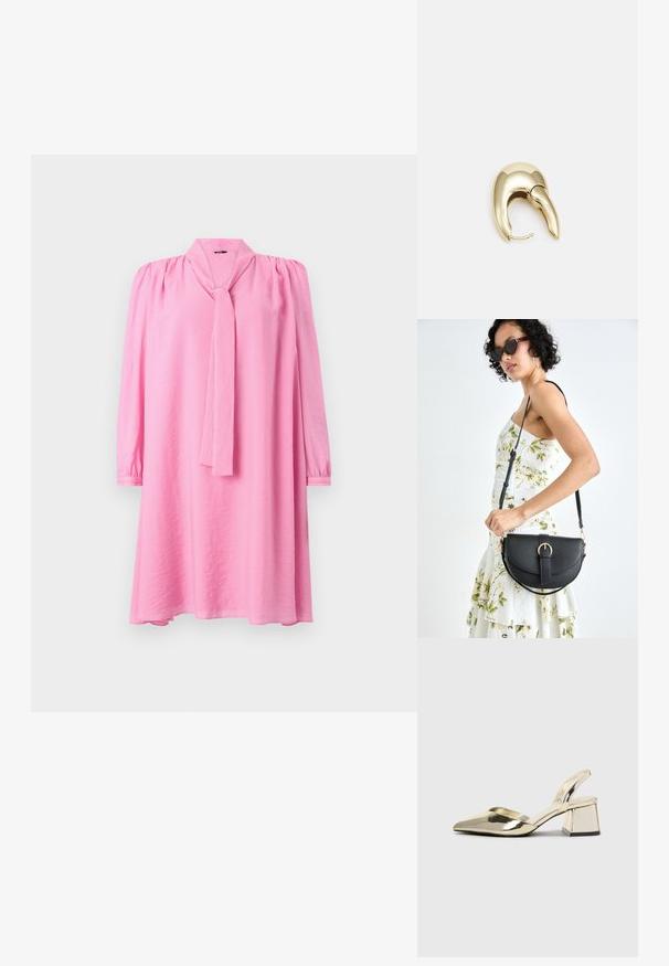 Rosa långärmad klänning med knytkrage, som har rynkade detaljer på axlarna. Slät textur med lös passform och utsvängd nederdel.; Guld, metalliska slingback-klackar med spetsig tå och chunky klack. Slät textur, minimalistisk design och en smal rem.; Svart läderhandväska med en böjd form, avtagbar rem och guldiga detaljer. Väskan har ett lock med en spänndetalj.; Örhänge i guldtonad metall med en elegant, böjd design. Har en distinkt spetsig form, polerad yta och gångjärnslås.