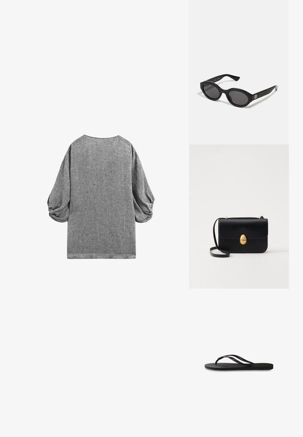 Šedý top s krátkým rukávem, volného střihu a nabíranými balónovými rukávy. Texturovaná látka s jemným vzorem a kulatým výstřihem.; Černé žabky s texturovanou gumovou podrážkou, dvěma štíhlými popruhy a jemným, embosovaným logem na popruhu.; Černé oválné sluneční brýle s tmavými skly a lesklým plastovým rámem. Obsahují zlaté logo na straně, které poskytuje elegantní a moderní design.; Černá kožená kabelka se strukturovaným obdélníkovým tvarem. Obsahuje zlatou oválnou sponu a tenký ramenní popruh. Hladký povrch.
