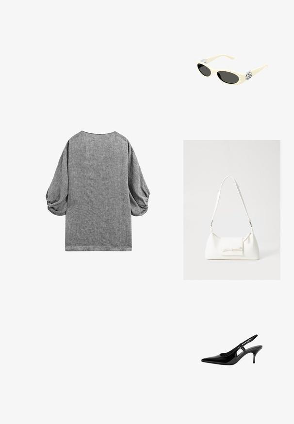 Graues kurzärmliges Oberteil mit lockerer Passform und gerafften Puffärmeln. Strukturierter Stoff mit einem dezenten Muster und einem runden Ausschnitt.; Schwarze Lackleder-Slingback-Pumpe mit spitzem Zehenbereich, offenen seitlichen Ausschnitten, schlanker Absatz und verstellbarem Knöchelriemen.; Cremefarbene Sonnenbrille mit ovalen Gläsern, schwarzem Tönung und metallischen Logoakzenten an den Schläfen. Glatte Textur, Cat-Eye-Design.; Weiße synthetische Handtasche in dreieckiger Form, flache Vorderklappe und Schleifendetail, verstellbarer Trageriemen, glatte Textur und minimalistisches Design.