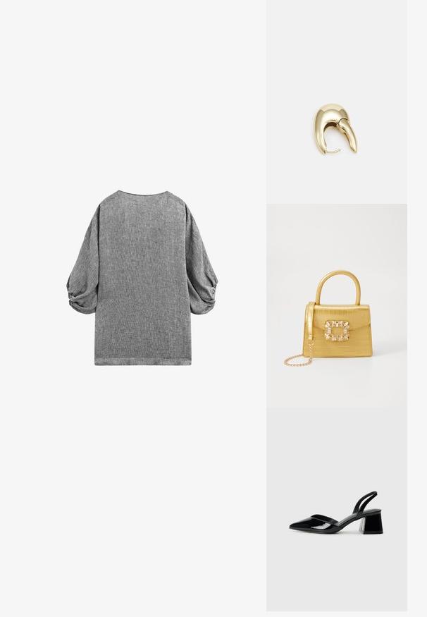 Grijze korte mouwen top met een losse pasvorm en geplooide pofmouwen. Gestructureerde stof met een subtiel patroon en een ronde halslijn.; Zwarte gepatineerde leren slingback hakken met een spitse neus en een geometrische blokhak. Kenmerkt zich door een slank, minimalistisch ontwerp en een gladde textuur.; Geel faux-krokodillenhandtas met een gestructureerd ontwerp, bovenhandvat, afneembare kettingriem en decoratieve kristallen versiering op de sluiting.; Gouden metalen oorbel met een slank, gebogen ontwerp. Beschikt over een kenmerkende puntige vorm, gepolijste oppervlakte en scharnier sluiting.