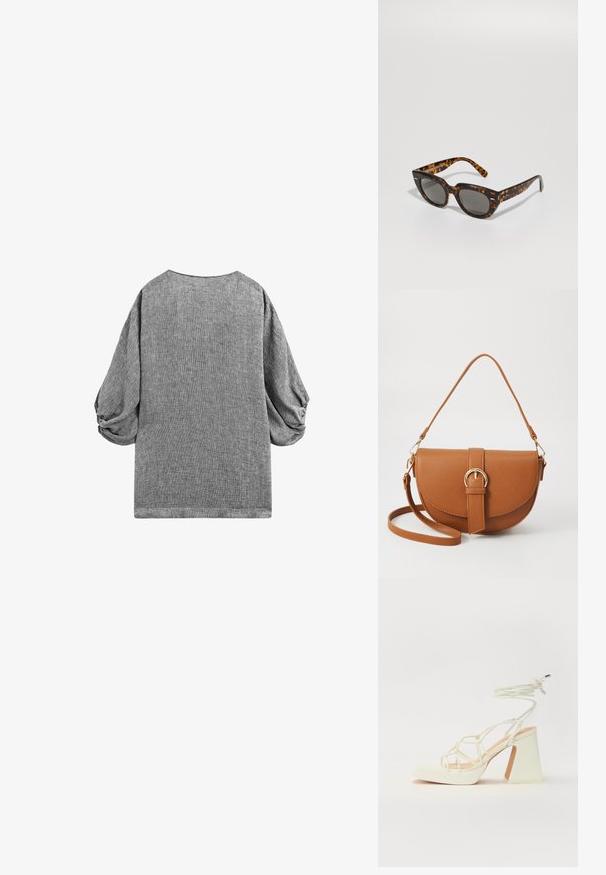 Gray short-sleeve top with a loose fit and gathered puff sleeves. Textured fabric with a subtle pattern and a rounded neckline.; White high-heeled sandal with a chunky heel, featuring a strappy design and ankle tie. Smooth texture with a platform front for added height.; Tortoiseshell sunglasses with angular frames and gray lenses. Features a glossy finish and subtle branding on the temples.; Brown leather crossbody bag with a curved shape, gold hardware, and a buckle accent. Features a detachable shoulder strap.