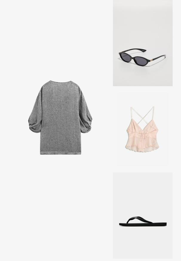 Grå kortärmad topp med lös passform och rynkade puffärmar. Texturerad tyg med ett subtilt mönster och en rundad halsringning.; Ljusrosa tops utan ärmar med justerbara spagettiband, en figurnära bodice och en svängd fåll med en scalloped kant och knytdetalj.; Svart gummislip-in sandal med ett texturerat rem och enkel platt sula, visas från sidan på en enkel ljus bakgrund.; Svarta solglasögon med ovala linser, mörk gradienttoning och smala skalmar med subtila guldaccenter. Slät plastfinish.