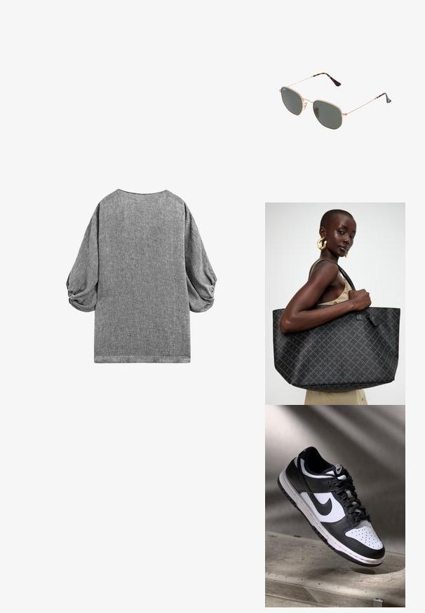 Haut gris à manches courtes avec une coupe ample et des manches bouffantes froncées. Tissu texturé avec un motif subtil et un décolleté arrondi.; Sneaker Nike Dunk Low en noir et blanc avec tige en cuir, boîte à orteils perforée et lacets noirs, dotée d'une semelle blanche et d'accents de logo.; Lunettes de soleil en métal doré avec des verres vert foncé, de style aviateur, dotées de branches fines et d'accents en écaille de tortue sur les embouts.; Sac fourre-tout noir avec motif géométrique, fabriqué à partir de matériau texturé. Dispose de poignées robustes et d'une étiquette, forme structurée.