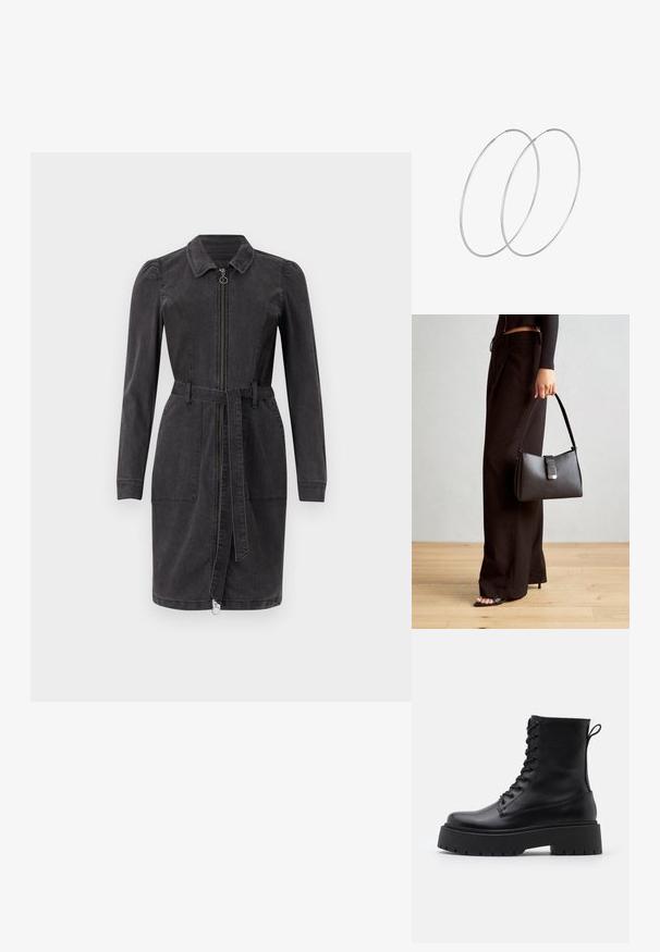 Czarna sukienka z dżinsu z kołnierzykiem, długimi rękawami, zamkiem błyskawicznym z przodu i pasek w talii. Posiada dwie przednie kieszenie i prosty dół.; Czarne skórzane botki za kostkę z okrągłym noskiem, sznurówką z przodu i grubą gumową podeszwą z teksturowanym bieżnikiem. Pętelka do zakładania z tyłu.; Czarna torebka o usztywnionym kształcie, gładkiej fakturze i metalowym zapięciem. Połączona z szerokimi czarnymi spodniami i sandałami na otwartym palcu na drewnianej podłodze.; Srebrne kolczyki w formie obręczy o minimalistycznym designie. Okrągły kształt, gładka faktura i cienki profil. Lekkie, z polerowanym wykończeniem.
