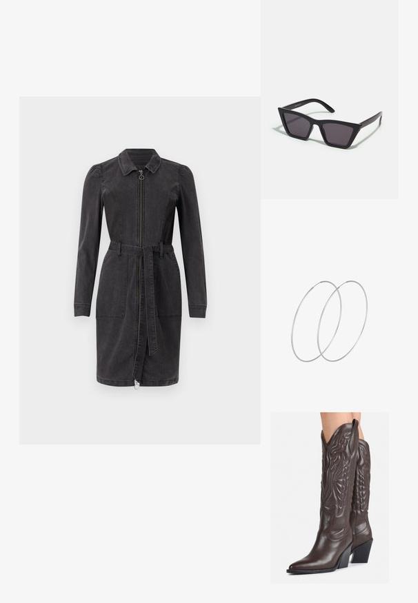 Mustast denim kleit, millel on krae, pikad varrukad, esi lukuga sulgemine ja vöökoht. Omab kahte esi taskut ja sirget lõhikut.; Pruunid nahast cowboy saapad terava varbaga ja plokk-kandaga, millel on detailne tikand ja kergelt tõstetud aktsendid varrel.; Mustad mustrakellad, millel on hallid šabloonid; valmistatud plastist, paksude ja siledate kätega, ilma nähtava riistvarata.; Hõbedased rõngastikkaehingad minimalistlikus disainis. Ümar kuju, sile tekstuur ja õhuke profiil. Kerged ning poleeritud viimistlusega.