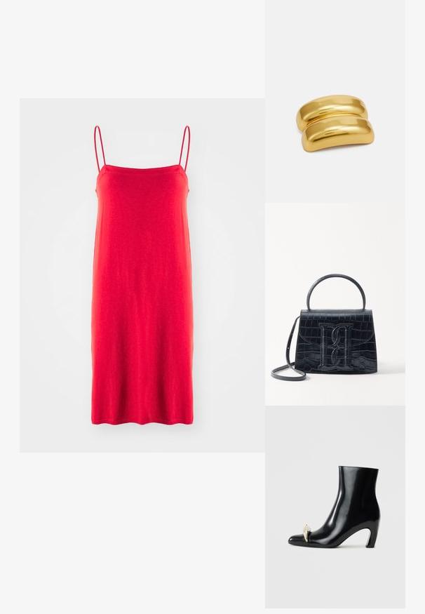 Punane spagetinöördusega kleit, mis on valmistatud kergetest kangast, lihtne sirge siluett, sile tekstuur, keskmise pikkusega äär, ilma mustrite või aktsentideeta.; Must musta, läikiva nahast, terava varbaga ja dekoratiivse kullast ja hõbedast aktsendiga esiosas. Blokeeritud kontsa disain.; Must musta krokodillimustriga nahast käekott, millel on struktureeritud disain, ülemine käepide, reguleeritav rihm ja silmapaistev esiküljel logo detail.; Kuldse metallist juukseklamber sileda ja ümarat kujundust. Pind on peegeldav, omades ühte seotud kõverat kuju ilma lisakaunistusteta.