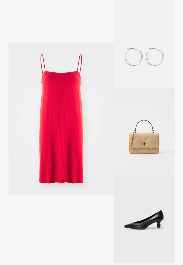 Punane spagetinöördusega kleit, mis on valmistatud kergetest kangast, lihtne sirge siluett, sile tekstuur, keskmise pikkusega äär, ilma mustrite või aktsentideeta.; Must musta kõrge kontsaga king, millel on terav nina ja ümar, pallikujuline konts. Sile pind ja elegantne, minimalistlik disain.; Kvaliteetne beež nahkst kandekott, millel on kuldne riistvara, ketirihm ja ülemine käepide. Omab esipaneeli ja allkirjalogo detaile.; Hõbedased rõngasnõelad on sujuva ja ümara kujundusega, õhukese profiiliga ning kindla lukuga. Minimalistlik stiil ja läikiv viimistlus.