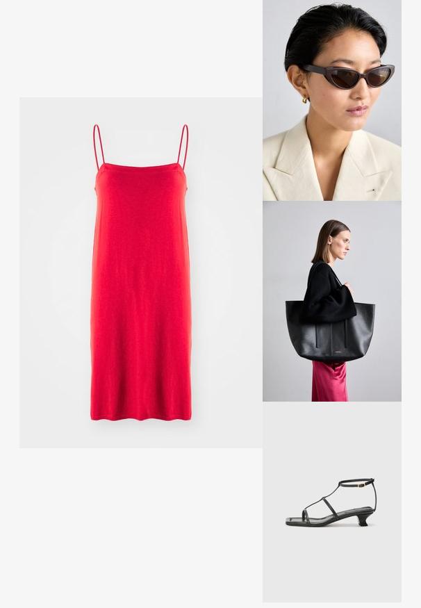 Abito rosso con spalline sottili, realizzato in tessuto leggero, silhouette dritta semplice, texture liscia, lunghezza a metà polpaccio, senza motivi né accenti.; Sandalo in pelle nera con punta quadrata, cinturini sottili, cinturino alla caviglia regolabile e tacco basso. Presenta un piccolo accento dorato sul cinturino.; Occhiali da sole cat-eye marroni con lenti scure, dotati di montatura spessa e superficie liscia, abbinati a un blazer beige e orecchini a cerchio dorati.; Borsa tote in pelle nera con finitura texture, dotata di due linee verticali, doppie spalline e un design minimalista.