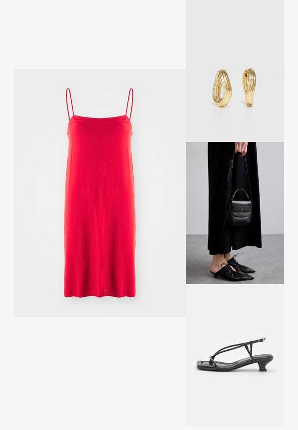 Rotes Spaghettiträgerkleid, aus leichtem Stoff, schlichte gerade Silhouette, glatte Textur, mittellanger Saum, ohne Muster oder Akzente.; Schwarze Leder-Sandale mit dünnen Riemen, niedrigem Blockabsatz und quadratischer Spitze. Sie verfügt über einen Schnallenverschluss und eine glatte Textur.; Kleine schwarze Ledertasche mit runder Form, Obergriff und abnehmbarem Riemen. Getragen zu einem schwarzen Stoffkleid und schwarzen plissierten Schuhen.; Goldfarbene Creolen mit einem gedrehten Design, das eine gerippte Textur und eine glatte Oberfläche aufweist. Leicht und hohl konstruiert.