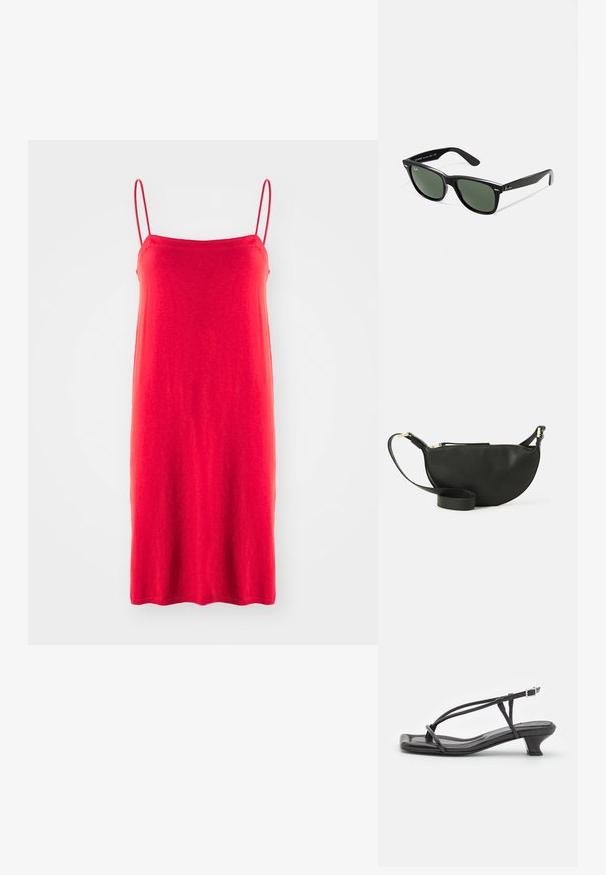 Robe rouge à bretelles spaghetti, fabriquée en tissu léger, silhouette droite simple, texture lisse, longueur mi-mollet, sans motifs ni accents.; Sandal en cuir noir avec des fines lanières, un petit talon carré et un bout carré. Dispose d'une fermeture à boucle et d'une texture lisse.; Lunettes de soleil en plastique noir avec verres verts, monture carrée, accent argenté sur le sourcil et branches texturées. Marque indiquée sur l'intérieur de la branche.; Sac bandoulière en cuir noir de forme demi-lune, surface texturée, fermeture éclair dorée et bandoulière plate. Design compact adapté pour les essentiels.