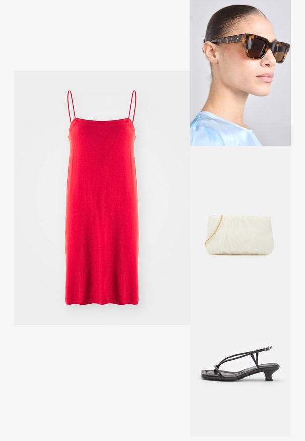 Raudona spaghetti diržo suknelė, pagaminta iš lengvo audinio, paprastos tiesios silueto, lygaus paviršiaus, vidutinio ilgio hemu, be raštų ar akcentų.; Juodas odinis šlepetės su plonomis dirželiu, mažu blokuoju kulnu ir kvadratiniu pirštu. Yra sagties uždarymas ir lygus paviršius.; Žirafų rašto saulės akiniai su masyviu, stačiakampiu rėmu. Tamsūs lęšiai ir auksinės spalvos akcentai ant šventyklių. Lygus, blizgus paviršius.; Balta tekstūruota sankabos rankinė su susiraukšlėjimo dizainu, turinti auksinę grandinėlę. Lygaus paviršiaus su subtiliomis bangomis ir suapvalintais kraštais.; Sidabriniai perlų auskarai su kreivai suformuota pupelės forma. Lygus, blizgus paviršius, uždaromi segtuku ir atgaline fiksacija.