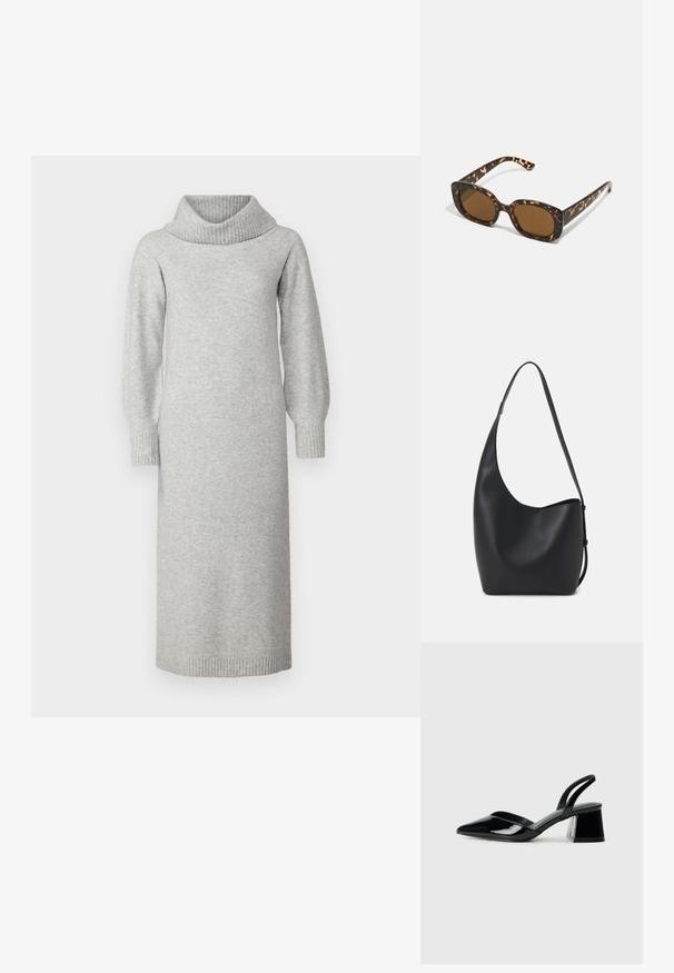 Pelēka adīta kleita ar cowl tipa apkakli, garām pūkainām piedurknēm un ribotām piedurknēm un apakšmalu. Audums izskatās mīksts un teksturēts.; Melna lakota āda ar atvērto papēdi, ar smailu purngalu un ģeometrisku blokpapēdi. Iezīmējas elegants, minimāls dizains un gluda tekstūra.; Tērpu apvalka saulesbrilles ar noapaļotu, masīvāku rāmi un brūnām lēcām. Satur smalkas rakstības un taisnas, sašaurinātas kājas.; Melnas ādas hobo soma ar gludu tekstūru, izliekta forma un vienu regulējamu jostu; augšā ir plaša atvere.