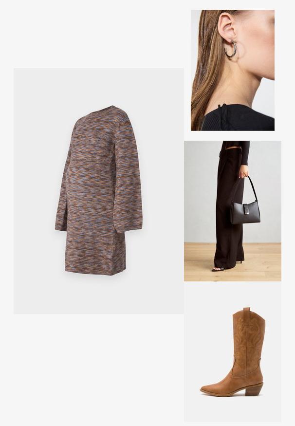 Strickkleid in Braun mit blau-orange marmoriertem Muster, langen Ärmeln, rundem Ausschnitt und einer lockeren Passform, die für Komfort sorgt.; Braune Leder-Cowboy-Stiefel mit spitzem Zehenbereich, bestickten Wirbelmustern am Schaft und einem gestapelten Blockabsatz. Verfügt über einen Ziehriemen für das einfache Anziehen.; Schwarze Handtasche mit strukturierter Form, glatter Textur und einem metallischen Verschluss. Kombiniert mit weiten schwarzen Hosen und offenen Sandalen auf einem Holzboden.; Silberne Creolen mit polierter Oberfläche, die kleine goldene Akzentdetails und eine runde Form aufweisen, am Ohrläppchen getragen.