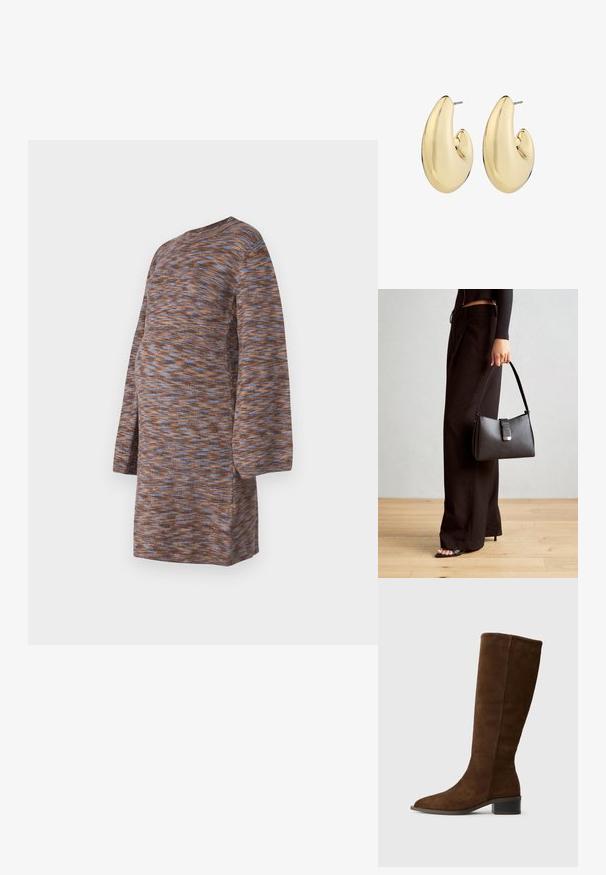 Sukienka dzianinowa w kolorze brązowym z niebiesko-pomarańczowym marmurkowym wzorem, z długimi rękawami, okrągłym dekoltem i luźnym krojem zaprojektowanym dla wygody.; Brązowe zamszowe kozaki do kolan z ostrym noskiem i chunky niskim obcasem. Gładka tekstura z czystym designem i bez wyraźnych elementów metalowych.; Czarna torebka o usztywnionym kształcie, gładkiej fakturze i metalowym zapięciem. Połączona z szerokimi czarnymi spodniami i sandałami na otwartym palcu na drewnianej podłodze.; Złote kolczyki o gładkim, zaokrąglonym kształcie z polerowanym wykończeniem i zapięciem na sztyft zapewniającym pewne noszenie.
