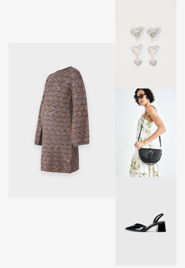 Vestido de malha castanho com padrão marmoreado em azul e laranja, mangas longas, gola redonda e um corte descontraído pensado para o conforto.; Sandy em verniz preto com salto slingback, ponta afilada e salto geométrico. Apresenta um design elegante e minimalista com textura suave.; Bolsa de couro preta com forma curva, alça destacável e detalhes em dourado. A bolsa possui uma aba com detalhe de fivela.; Os brincos em forma de coração prateados apresentam pedras claras facetadas, com uma moldura texturizada. O conjunto inclui estilos de botão e de gota.
